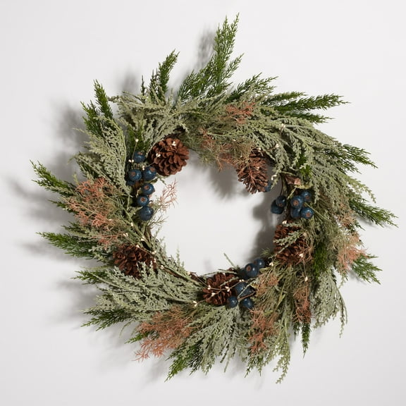SAFAVIEH Faux 24 Inch Pine Wreath W/ Pine Cones & Blueberries, Green/Blue