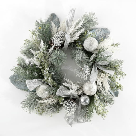 SAFAVIEH Faux 26 Inch Frosted Pine Wreath W/ Ornaments, Silver/Green