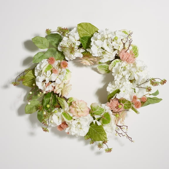 SAFAVIEH Faux 28 Inch Hydrangea & Magnolia Wreath, Green/White