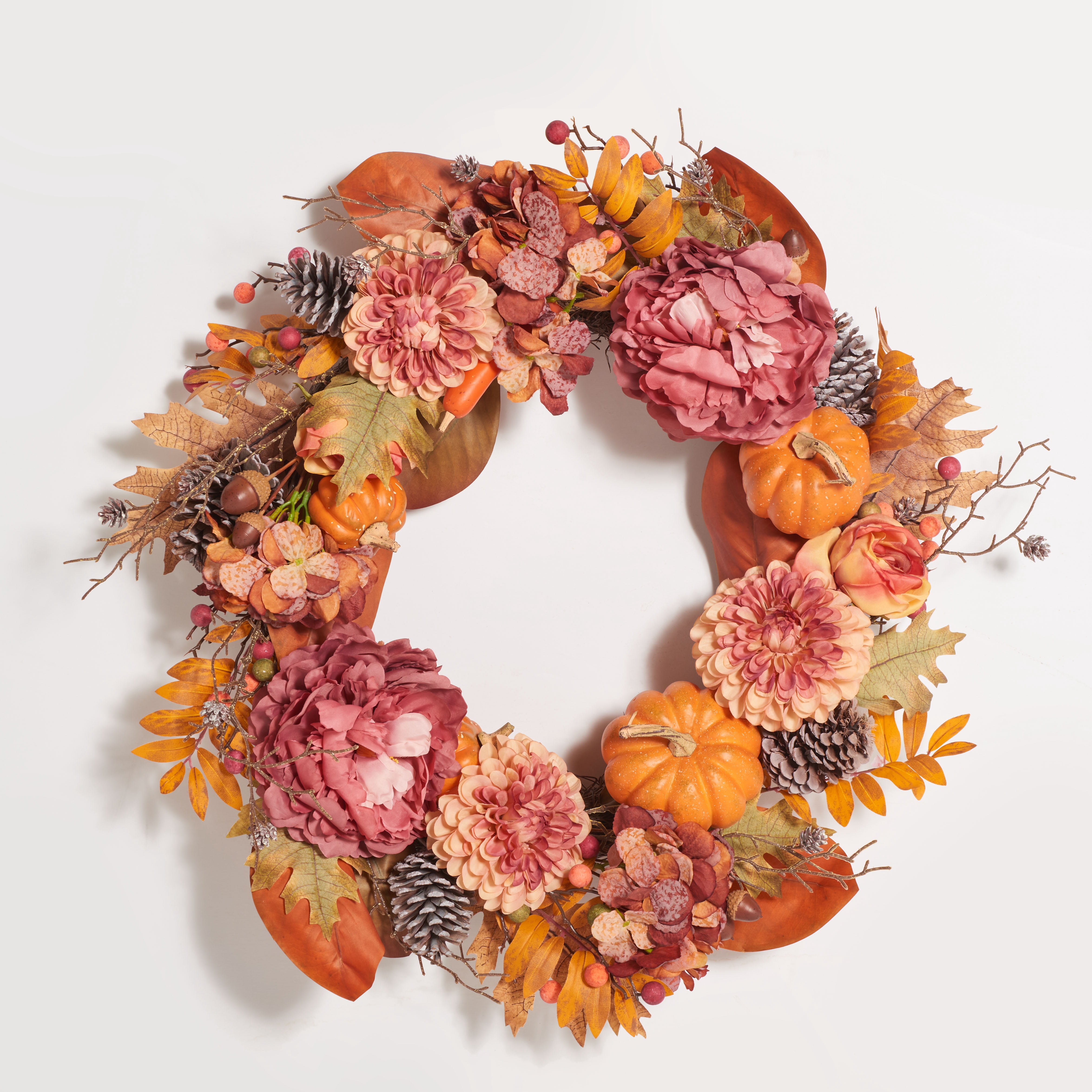 SAFAVIEH Faux 28 Inch Peony & Pumpkin Wreath W/ Pine Cones, Multi