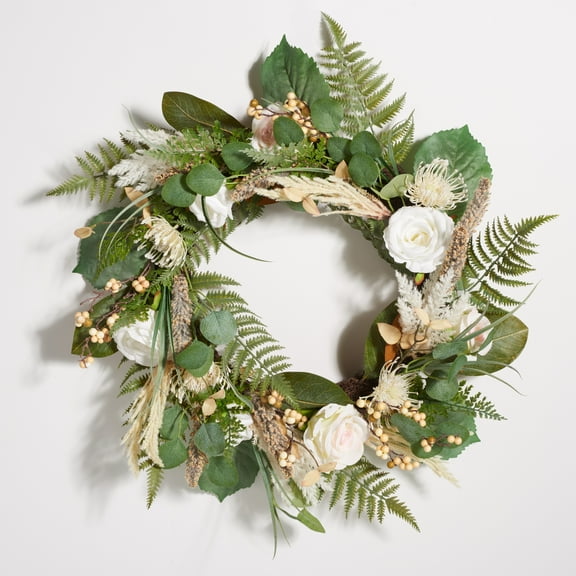 SAFAVIEH Faux 28 Inch Rose & Fern Wreath, Green/White