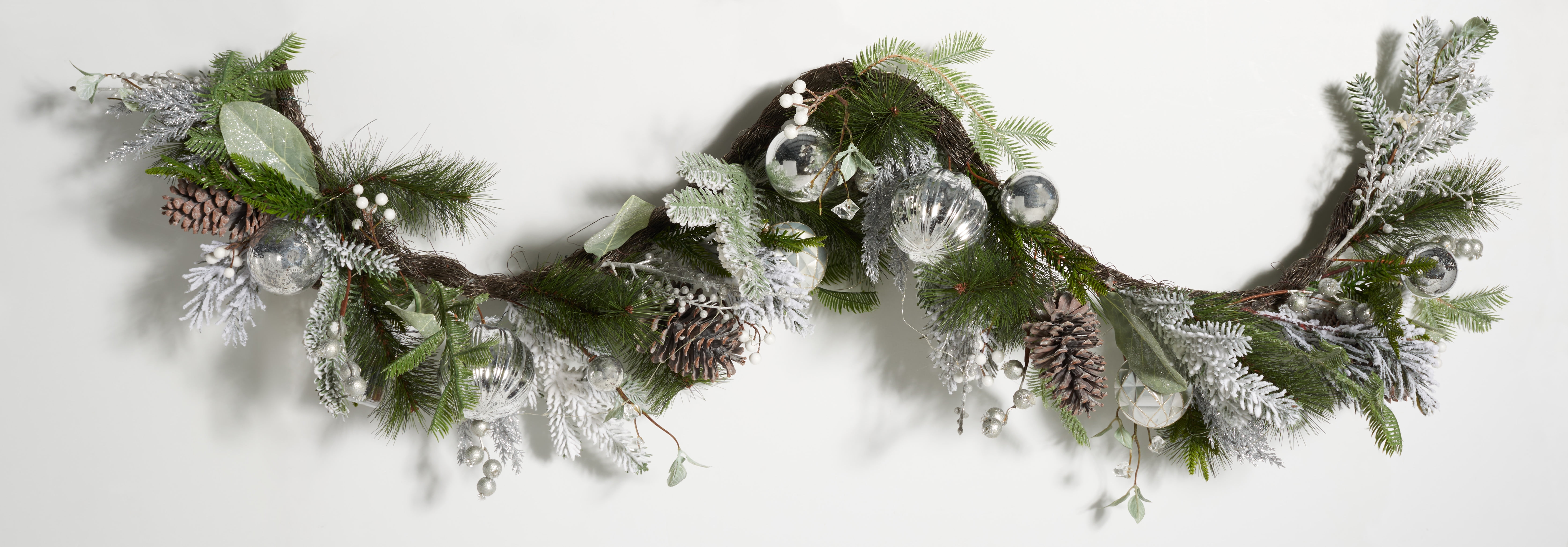 Faux Snowy Pine Garland with Silver Ornaments and LED Lights