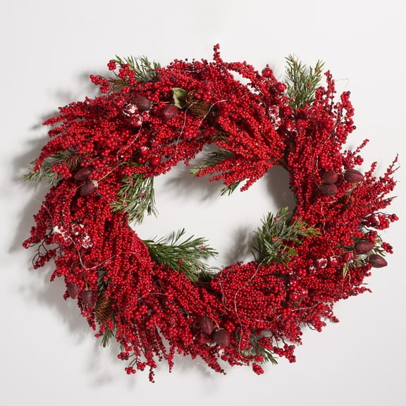 SAFAVIEH Faux 30 Inch Red Berry & Pine Led Wreath, Deep Red/Green