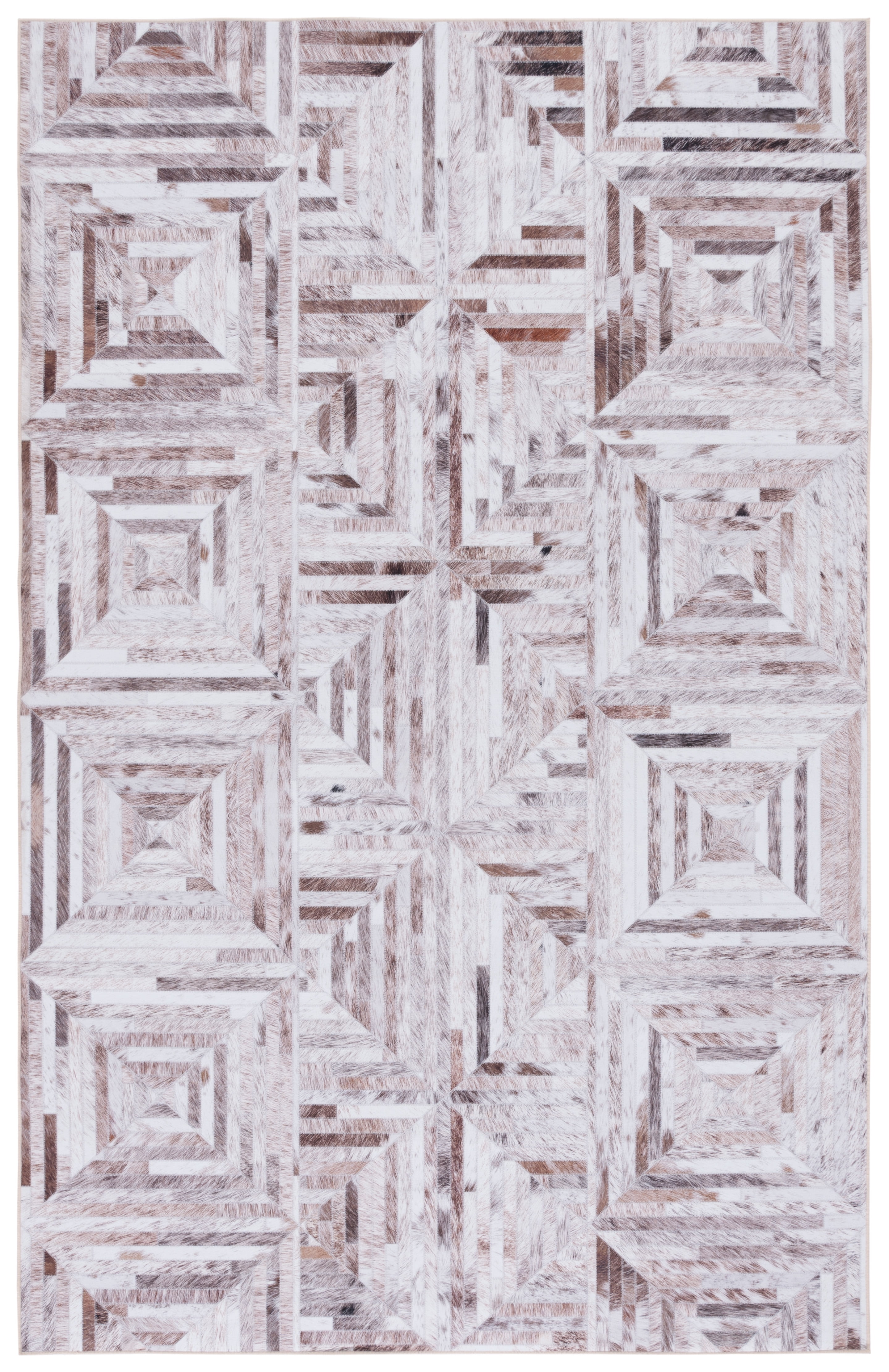 Beige and Brown Faux Fur Geometric 6' x 9' Area Rug