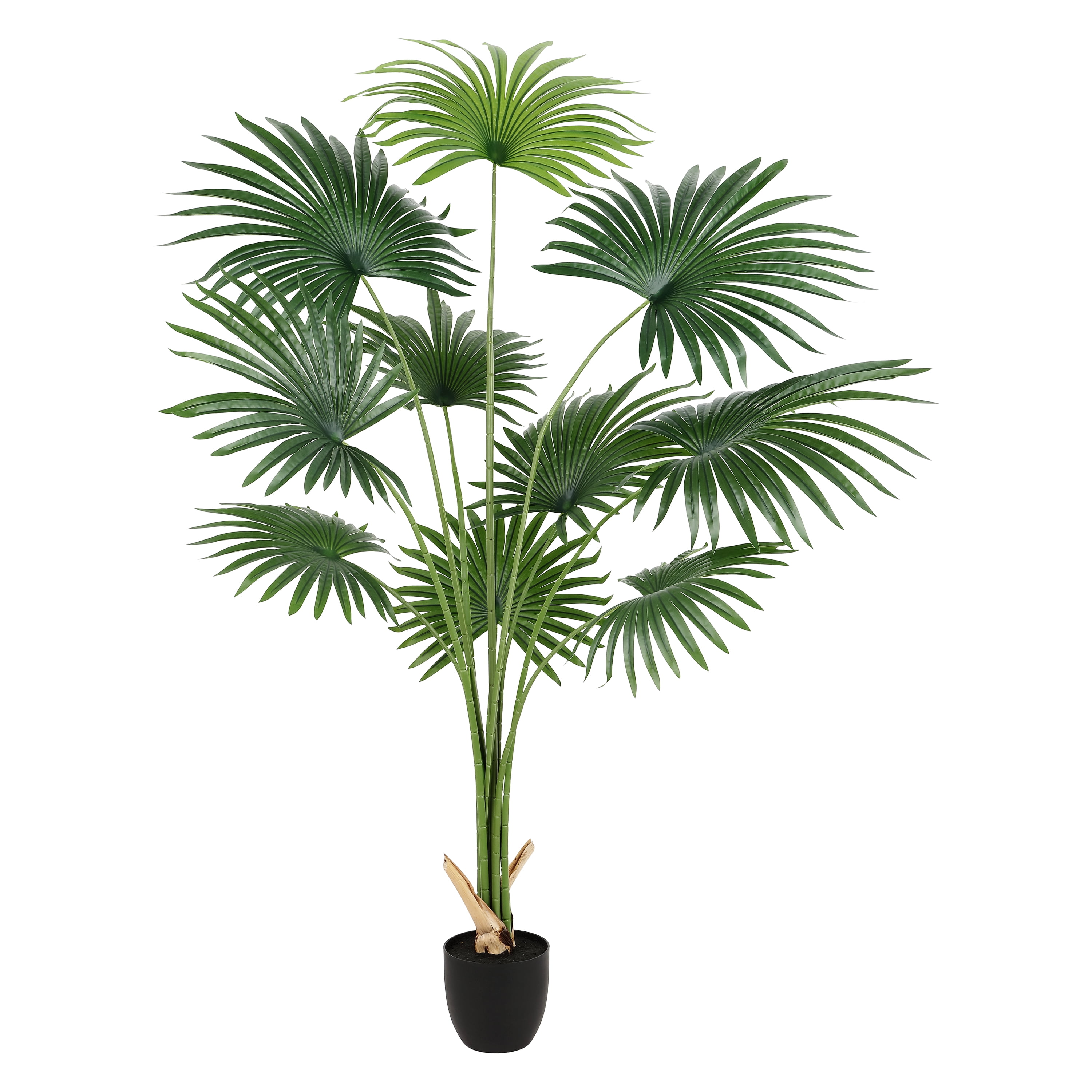 Tall Green Plastic Palm Floor Plant in Black Pot