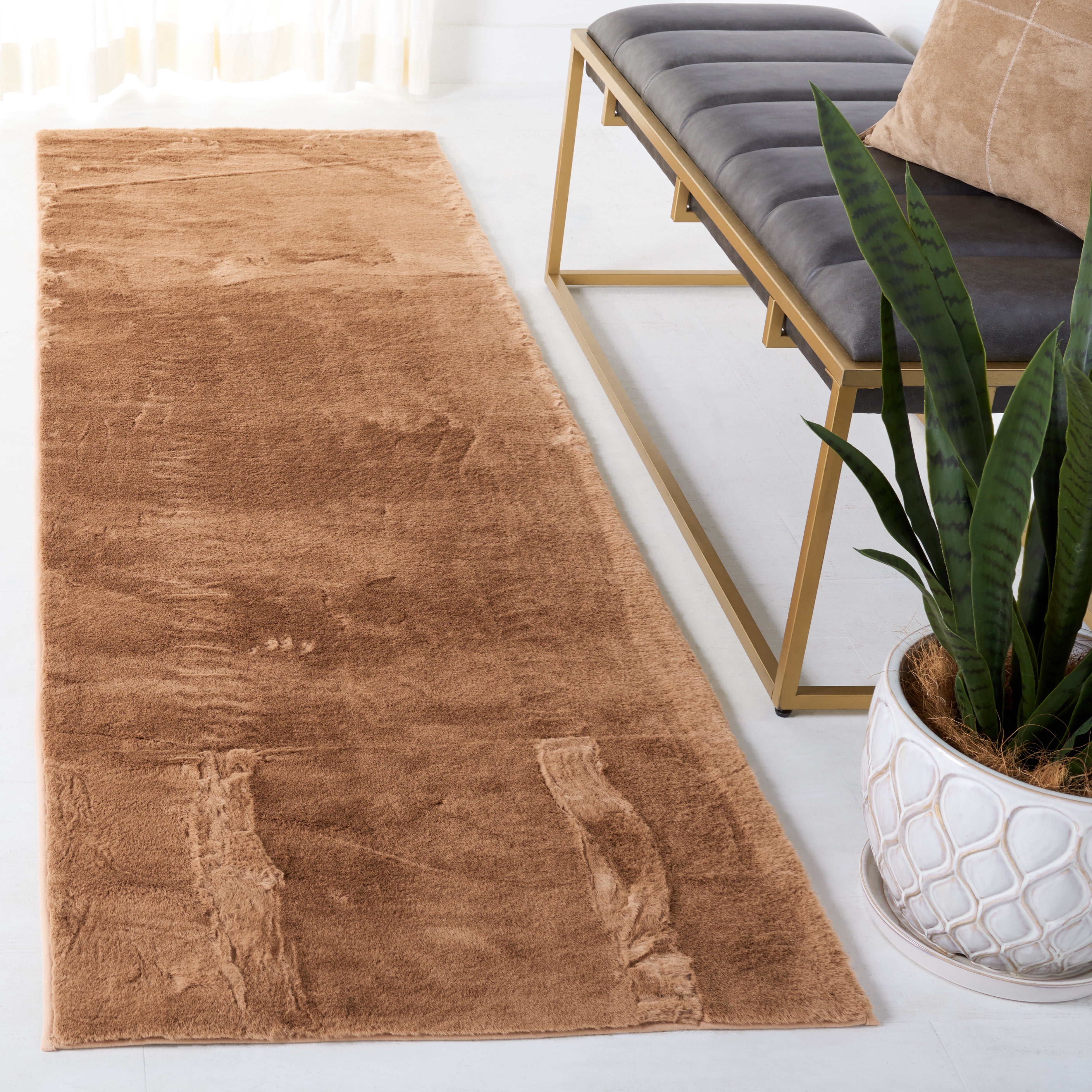 Safavieh Faux Rabbit Fur Davin Solid Machine Washable Slip Resistant Runner Rug, Brown, 2'6" x 8'