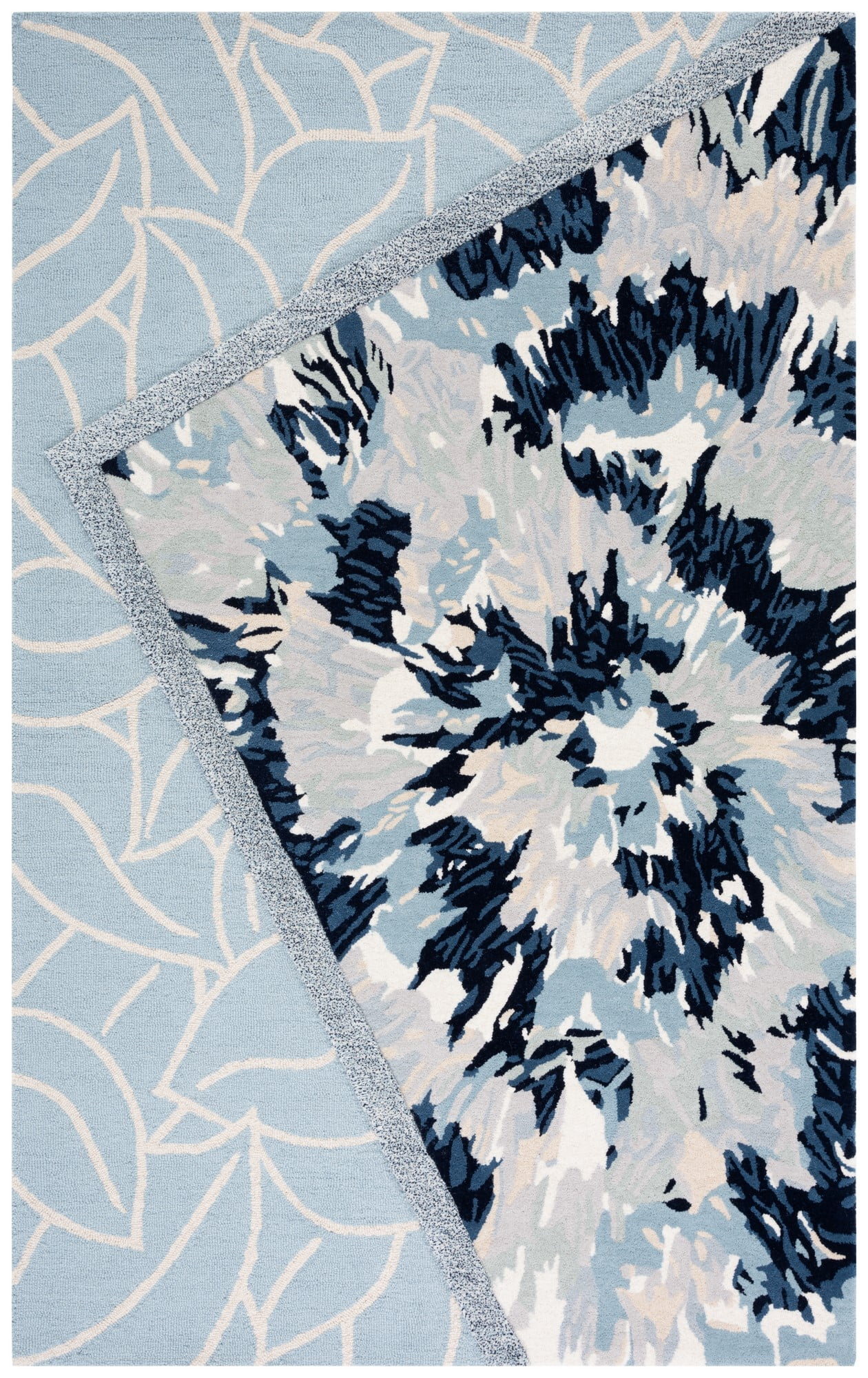 Handmade Tufted Wool Floral Round Rug in Light Blue/Navy, 48"