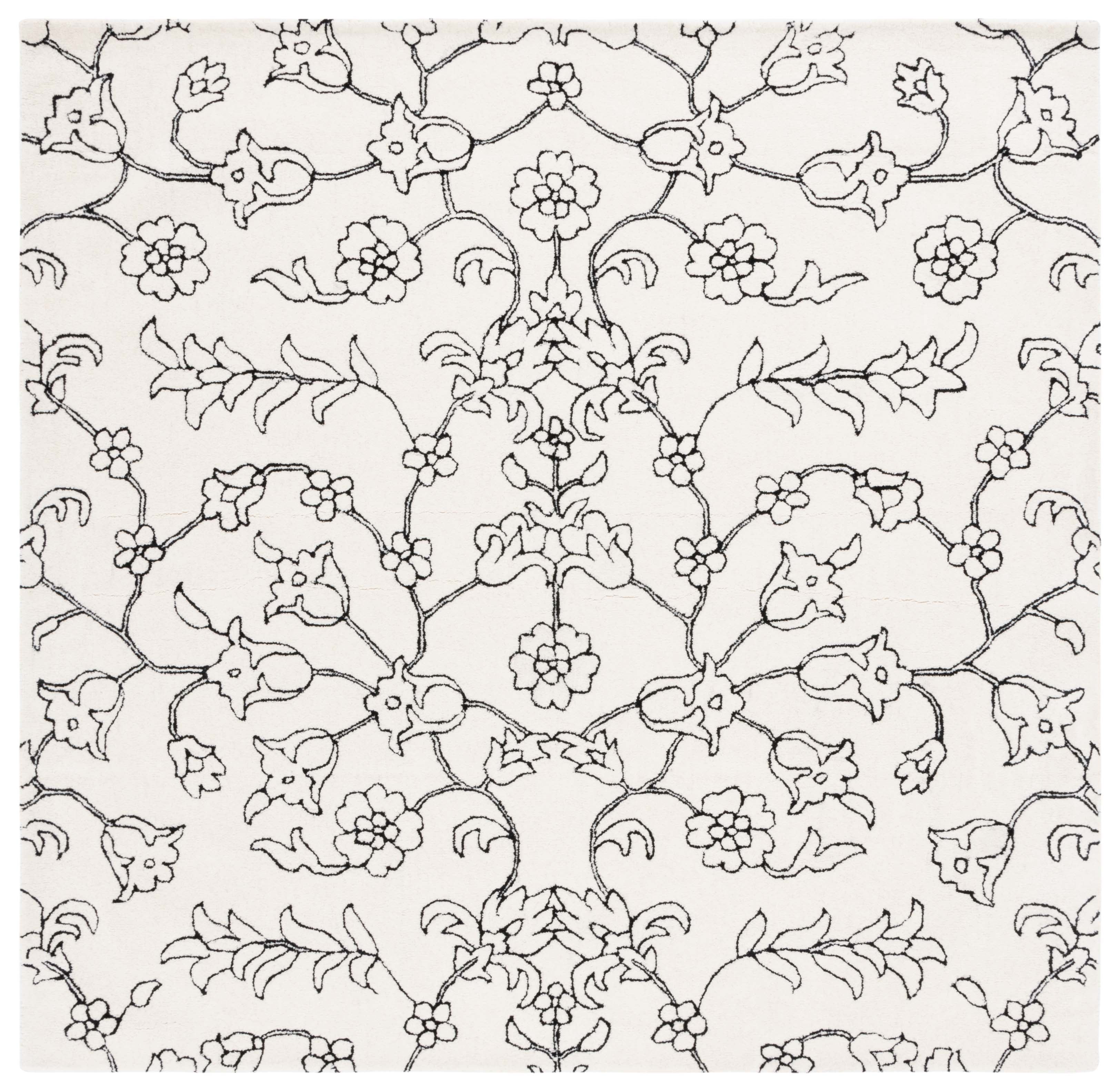 Ivory and Black 7' Square Wool Tufted Area Rug
