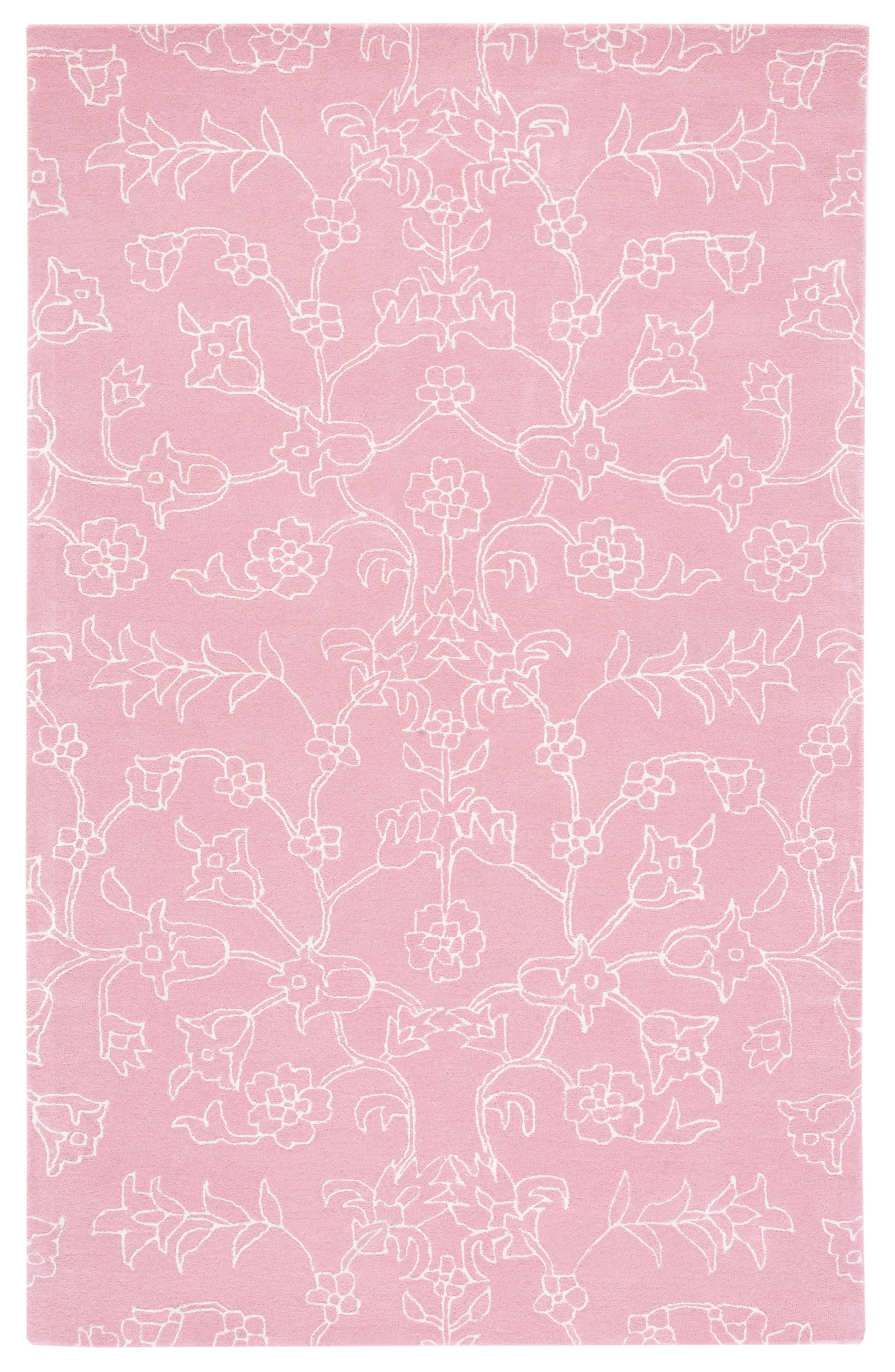 Ivory and Pink Floral Tufted Wool Area Rug, 4' x 6'