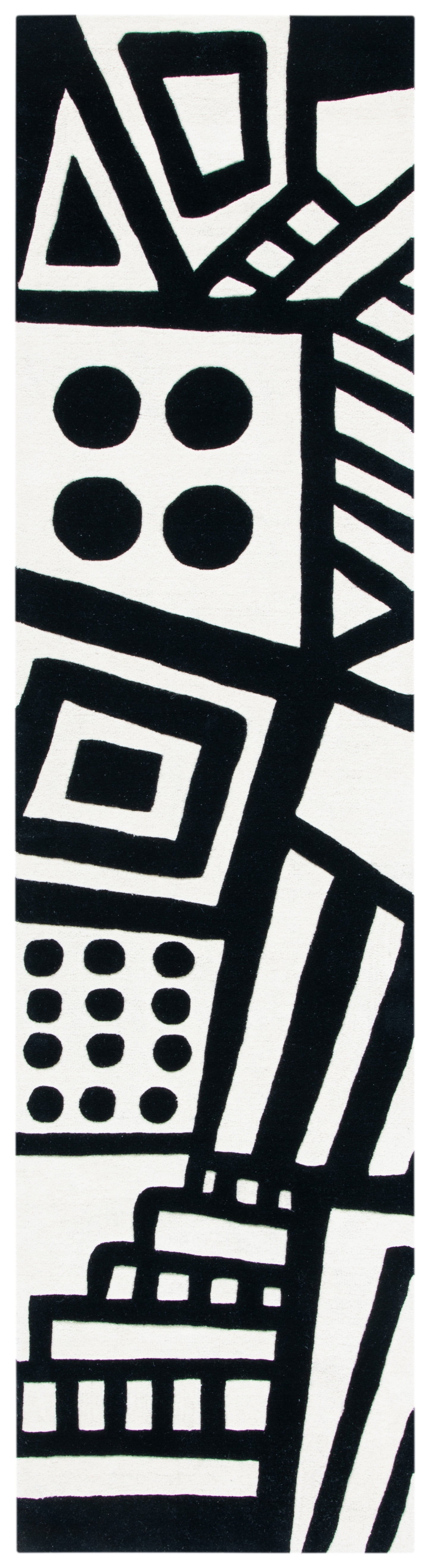 Art Deco Geometric Tufted Wool Runner - Black and Ivory, 2'3" x 9'