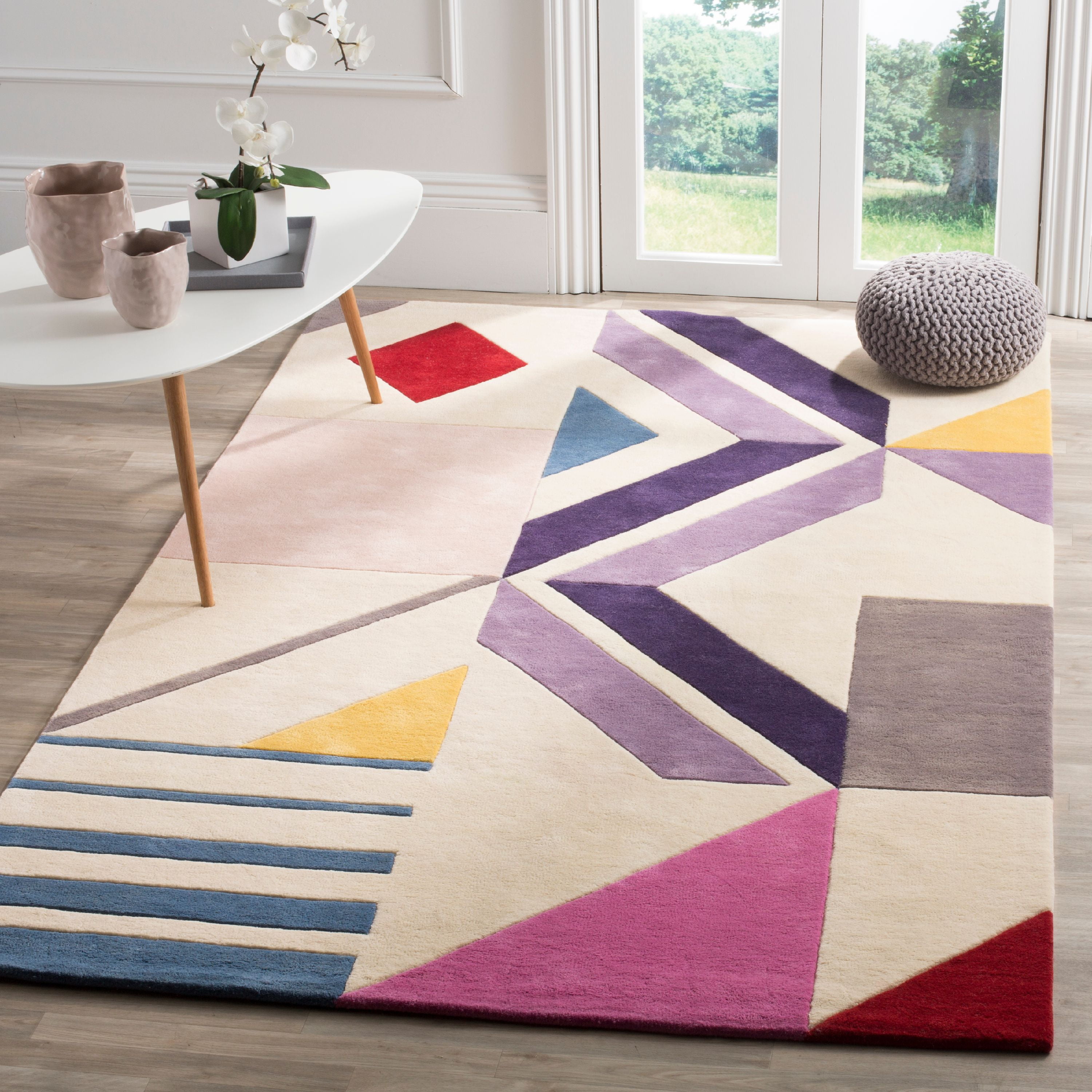 Ivory and Multicolor Geometric Wool Tufted Area Rug