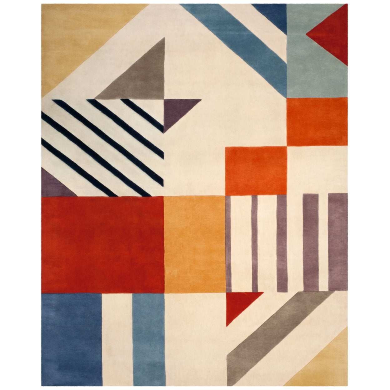 Ivory and Multicolor Geometric Wool Area Rug, 3' x 5'