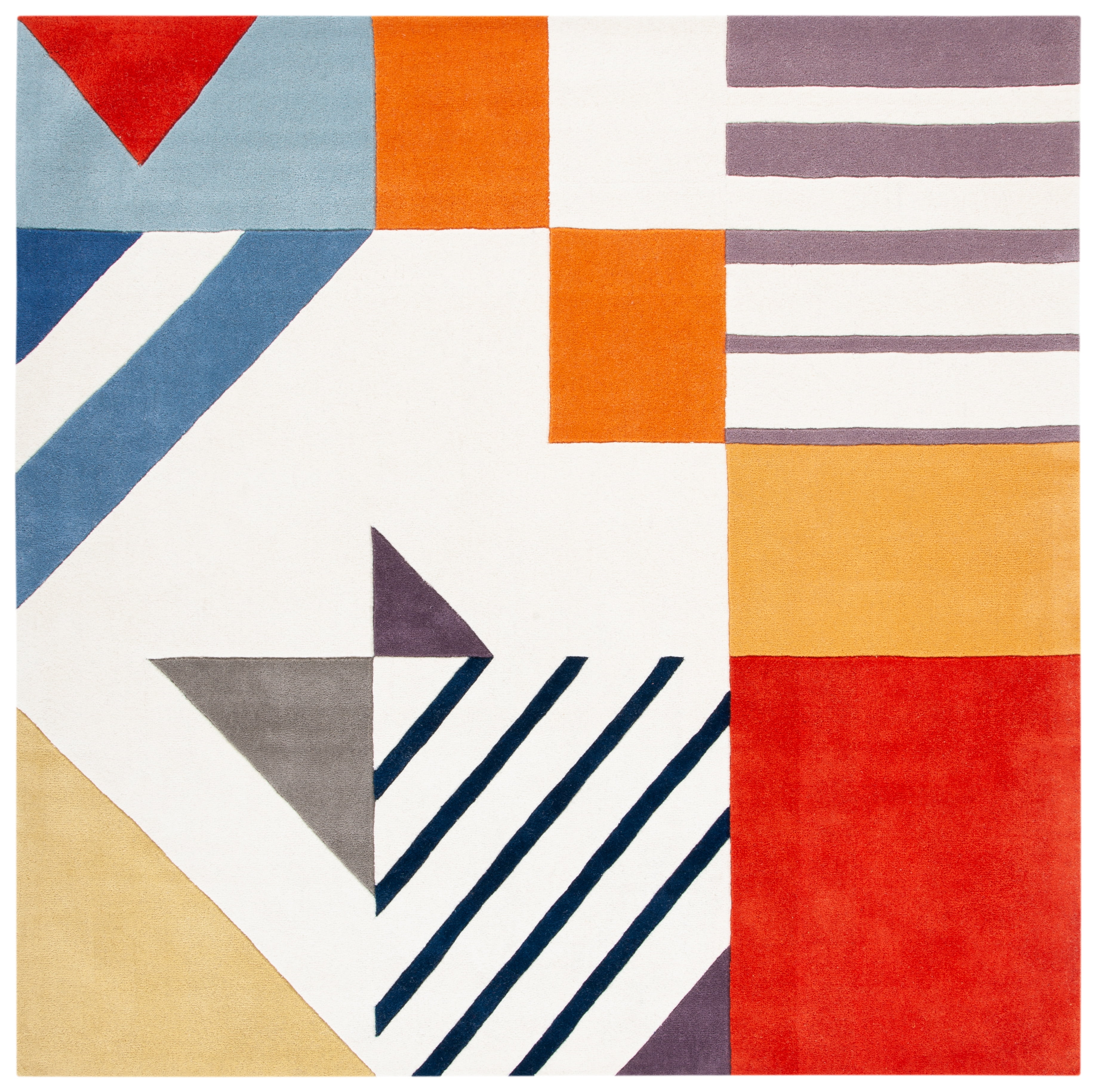Ivory Geometric Square Tufted Wool Area Rug 3' x 3'