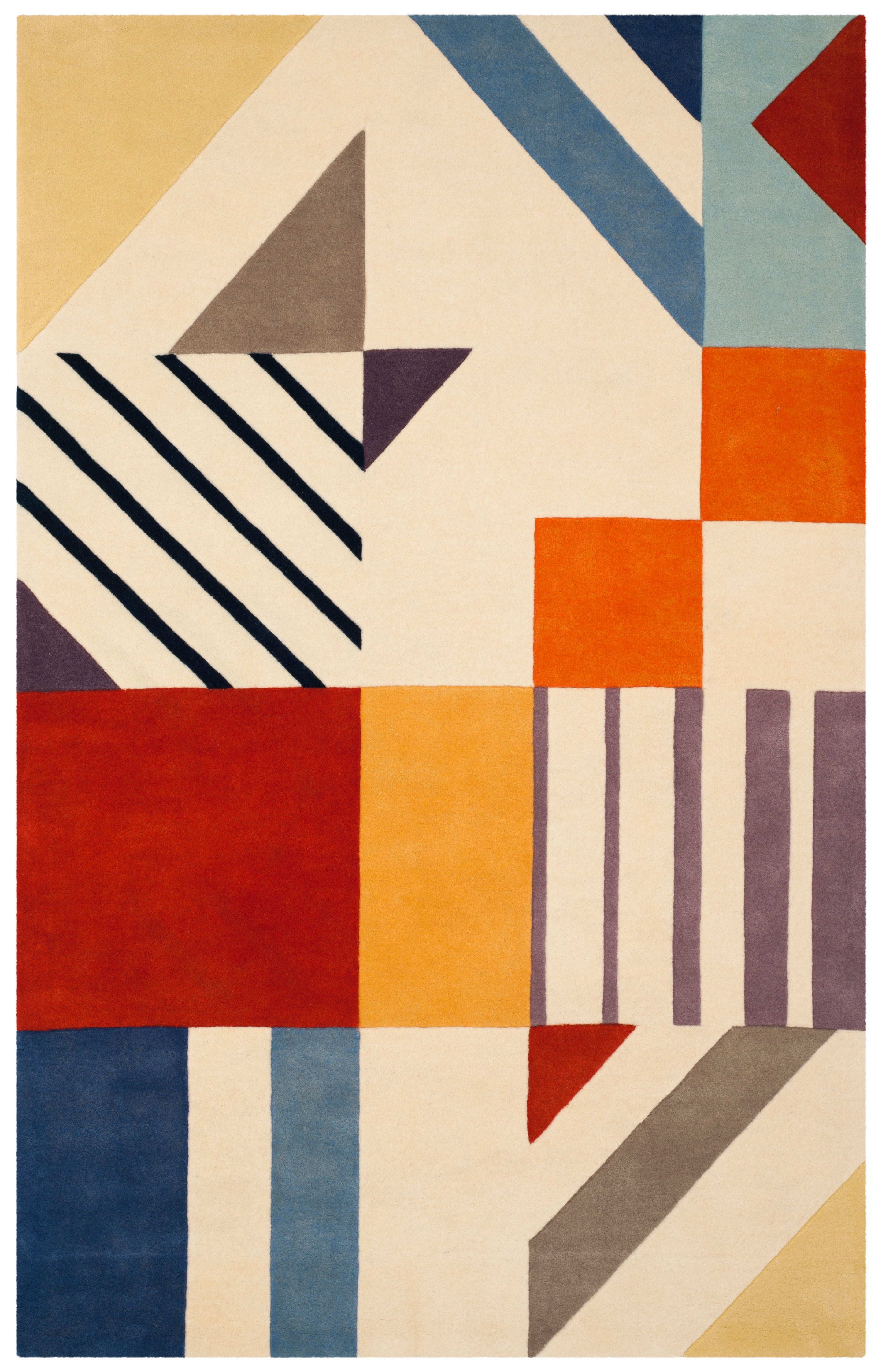 Ivory and Multicolor Geometric Wool Area Rug, 3' x 5'