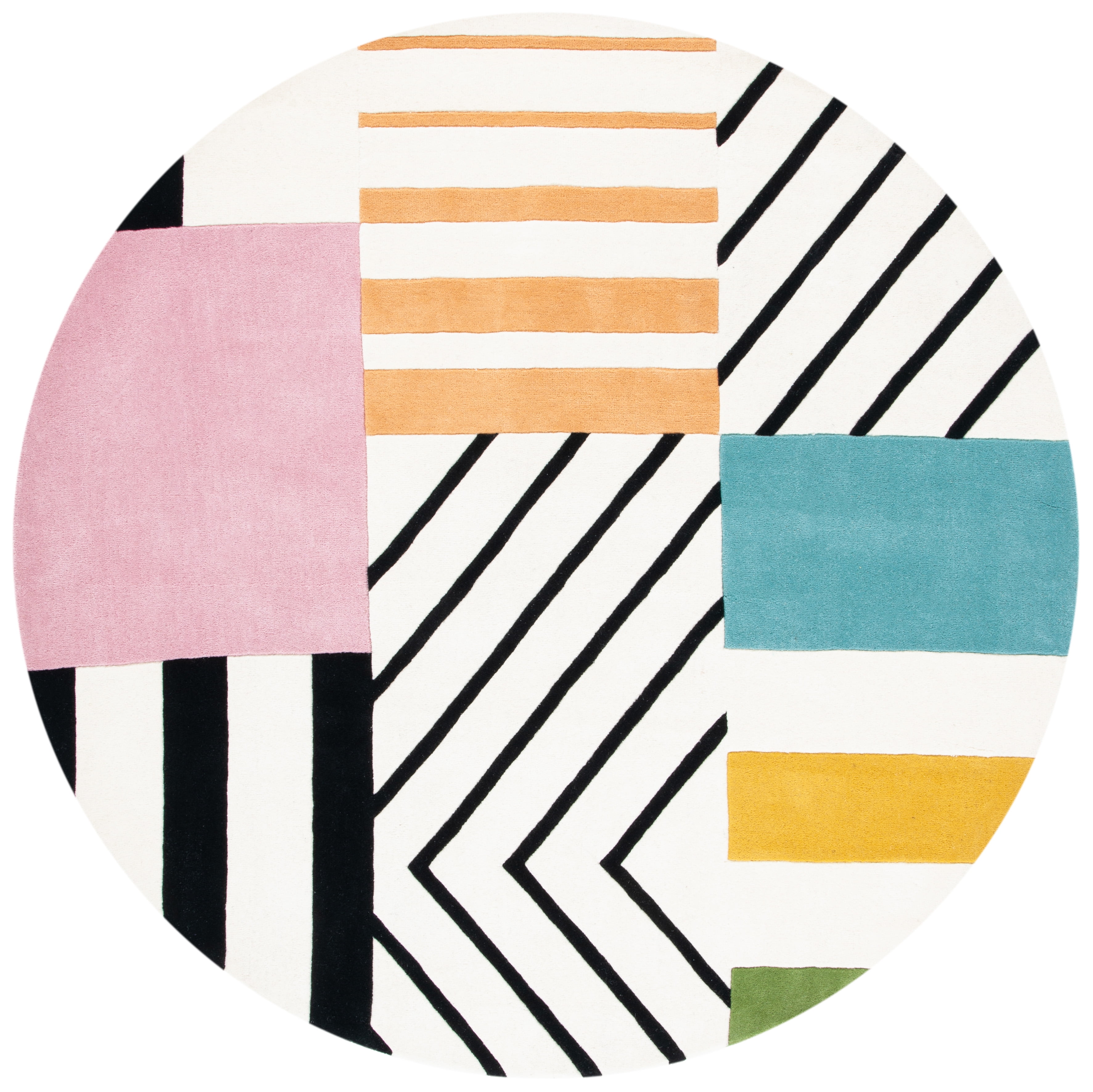 Art Deco Inspired Black and Ivory Round Wool Area Rug, 3 ft.