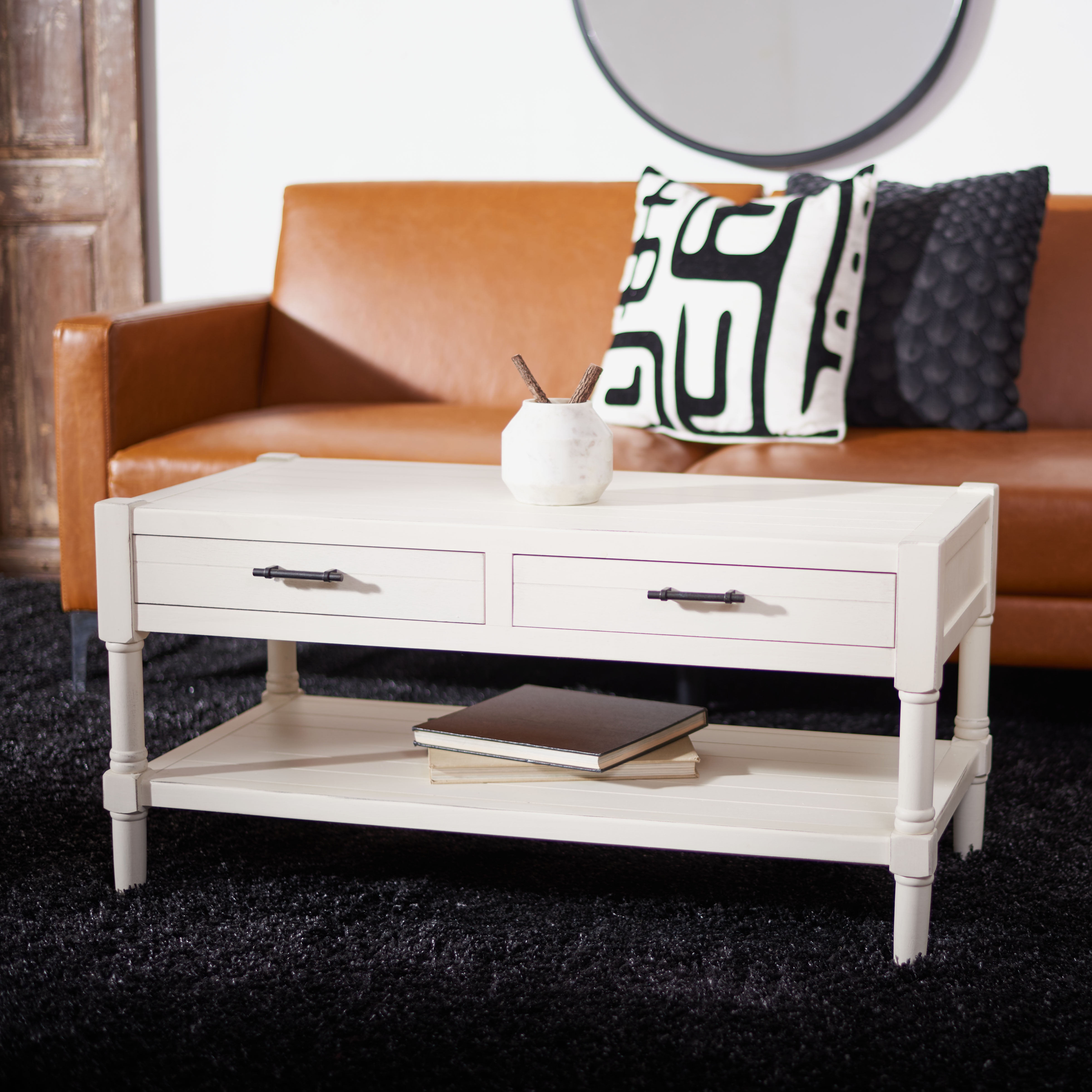 Distressed White Rectangular Wood Coffee Table with Storage