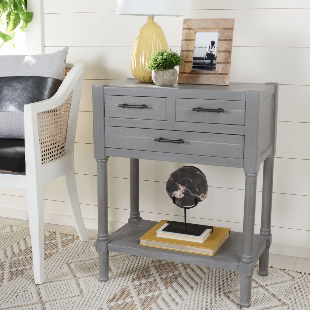 Gray Pine and Steel Console Table with Storage