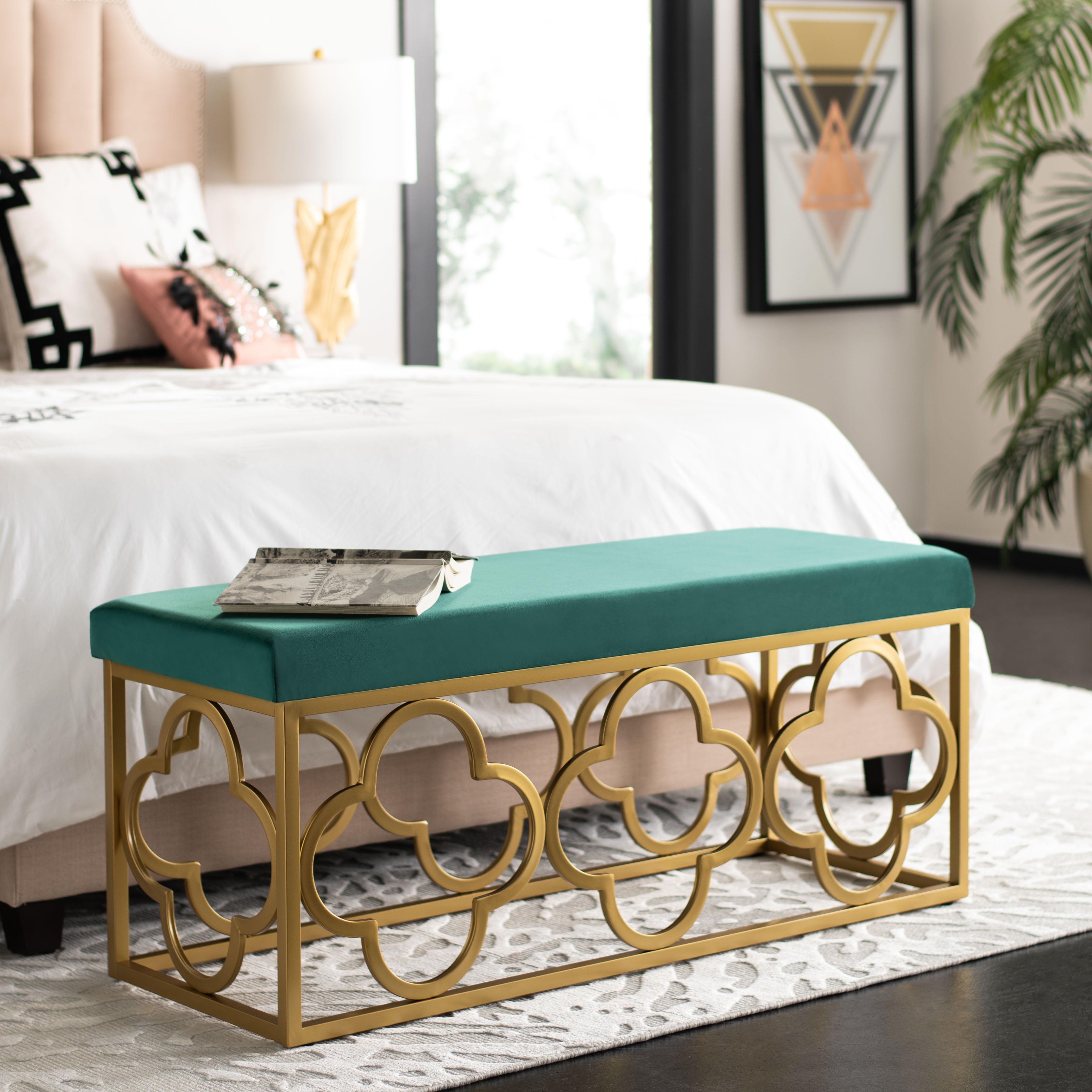 Emerald Velvet and Gold Quatrefoil 45" Bench