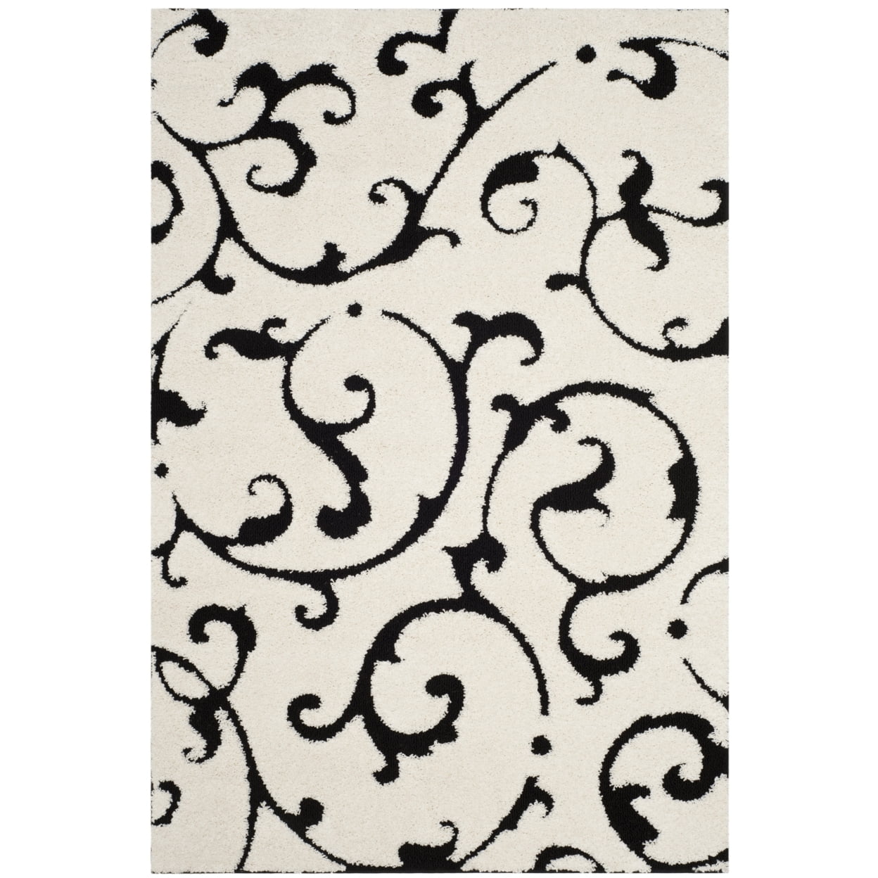 Ivory and Black Floral Synthetic Shag Runner Rug, 2'3" x 8'