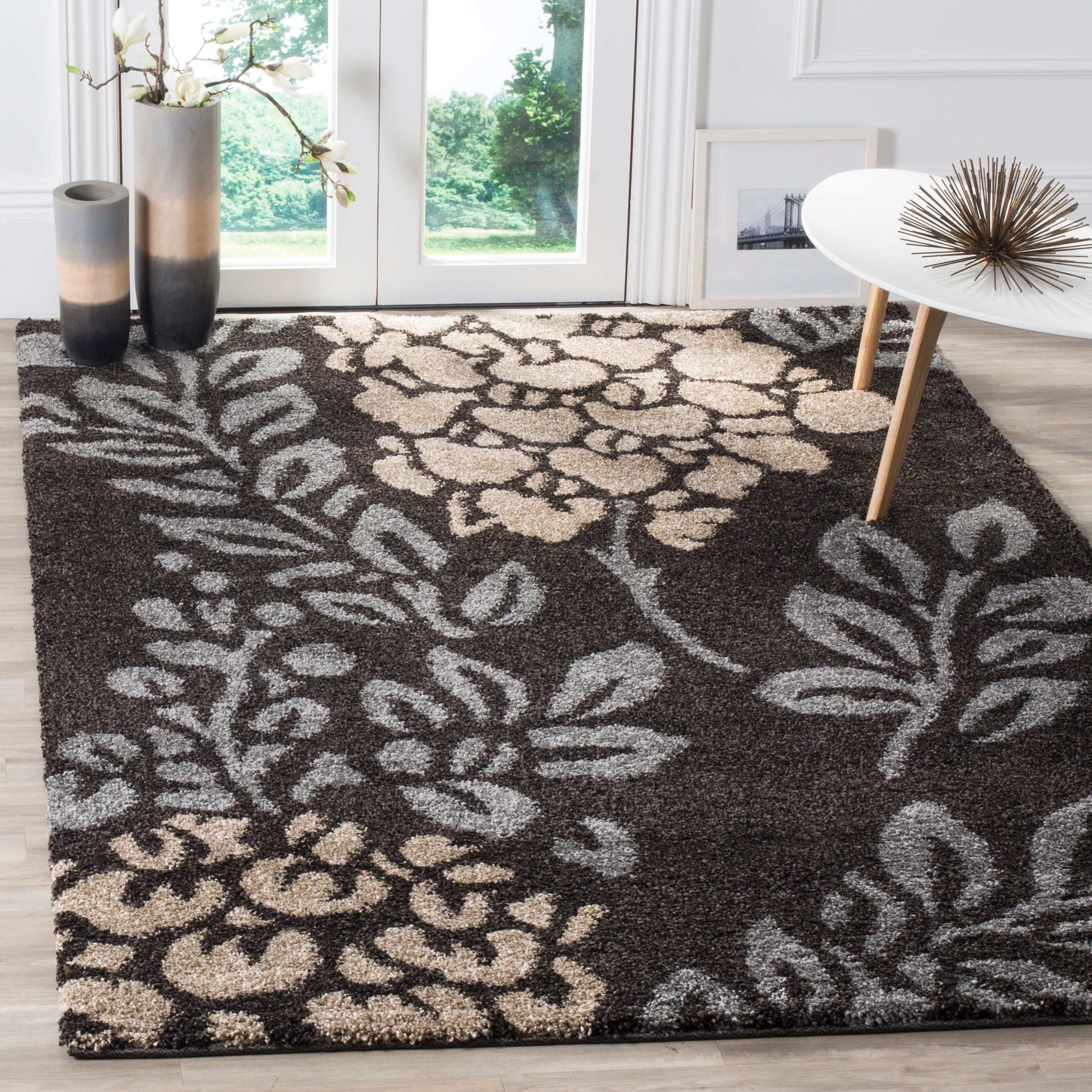 Handcrafted Round Dark Brown Grey Floral Shag Rug, 59 in