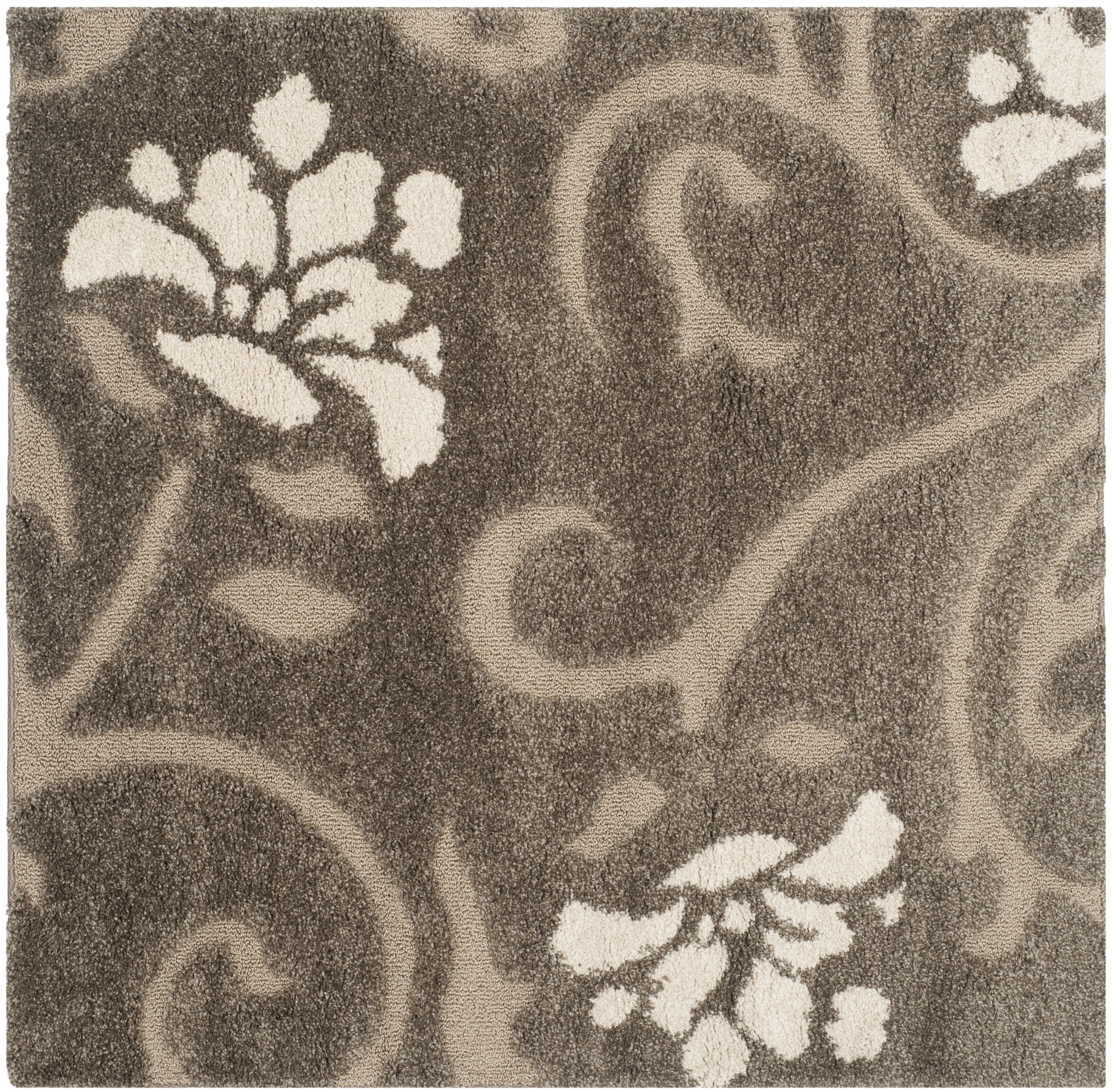 Smoke Beige Floral Sculpted Shag 4' Square Rug