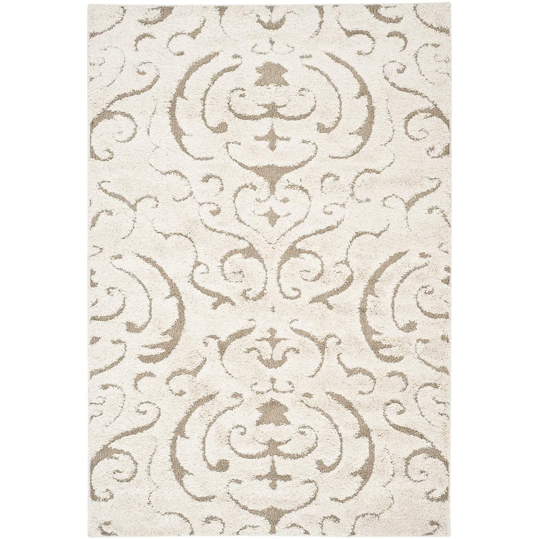 Hand-Knotted Gray Shag Rug with High-Low Damask Motifs, 39"x5"