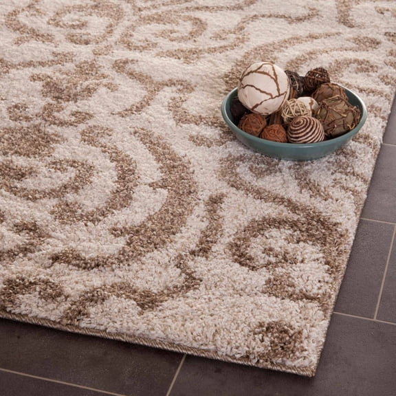 SAFAVIEH Florida Deangelo Damask Plush Shag Area Rug, Cream/Beige, 4' x 4' Square