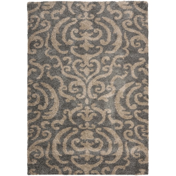 SAFAVIEH Florida Deangelo Damask Plush Shag Area Rug, Grey/Beige, 4' x 4' Square