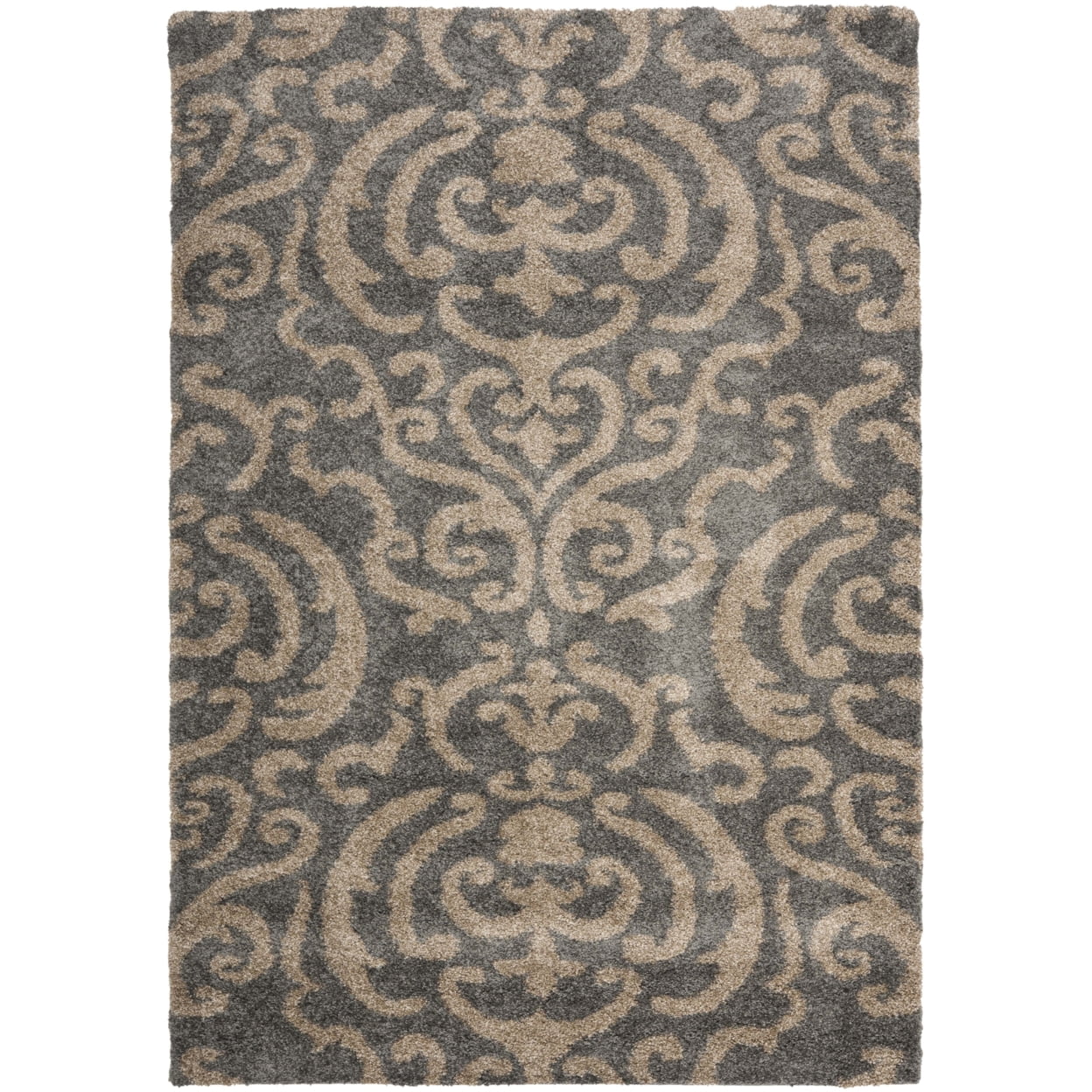 SAFAVIEH Florida Deangelo Damask Plush Shag Area Rug, Grey/Beige, 4' x 6'