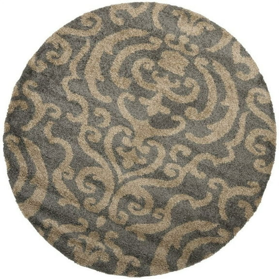 SAFAVIEH Florida Deangelo Damask Plush Shag Area Rug, Grey/Beige, 5' x 5' Round