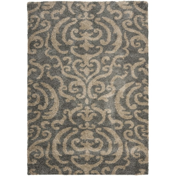 SAFAVIEH Florida Deangelo Damask Plush Shag Runner Rug, Grey/Beige, 2'3" x 11'