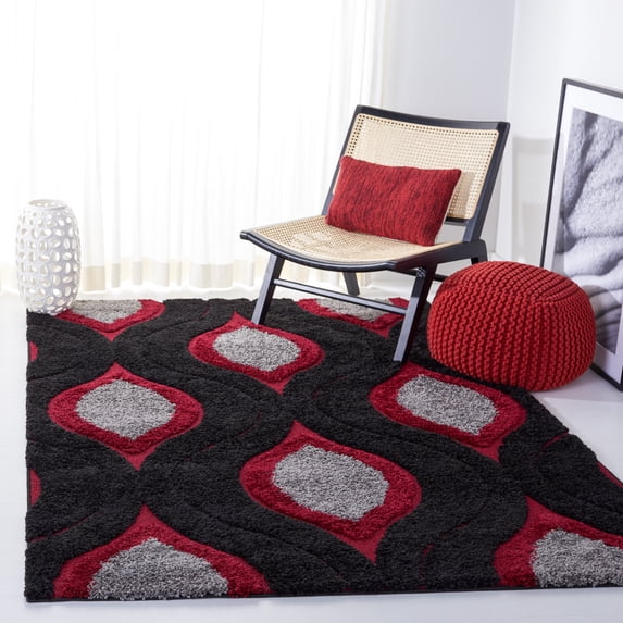SAFAVIEH Florida Declan Geometric Shag Area Rug, Black/Red, 6' x 9'