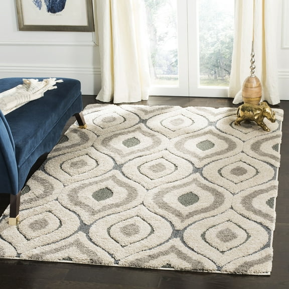 SAFAVIEH Florida Declan Geometric Swirls Shag Area Rug, Cream/Light Blue, 4' x 6'