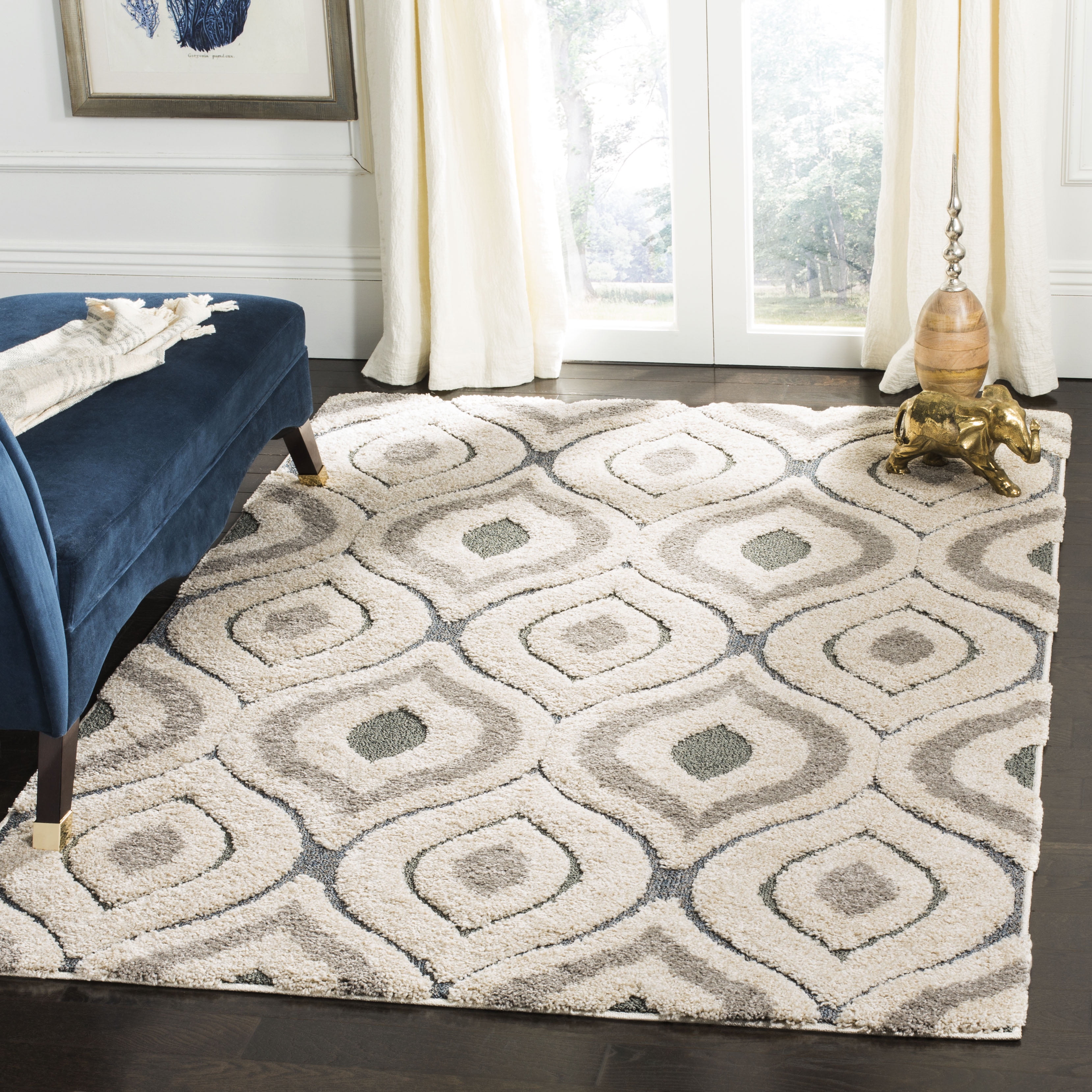 SAFAVIEH Florida Declan Geometric Swirls Shag Area Rug, Cream/Light Blue, 5'3" x 7'6"