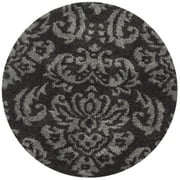 SAFAVIEH Florida Desmond Damask Plush Shag Area Rug, Dark Brown/Smoke, 4' x 4' Round