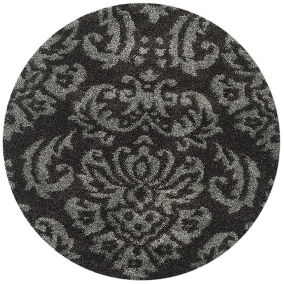 SAFAVIEH Florida Desmond Damask Plush Shag Area Rug, Dark Brown/Smoke, 5' x 5' Round