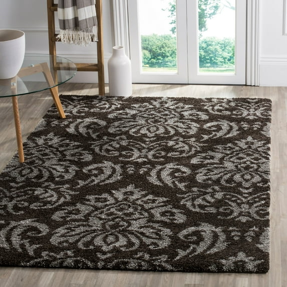 SAFAVIEH Florida Desmond Damask Plush Shag Area Rug, Dark Brown/Smoke, 5' x 5' Square