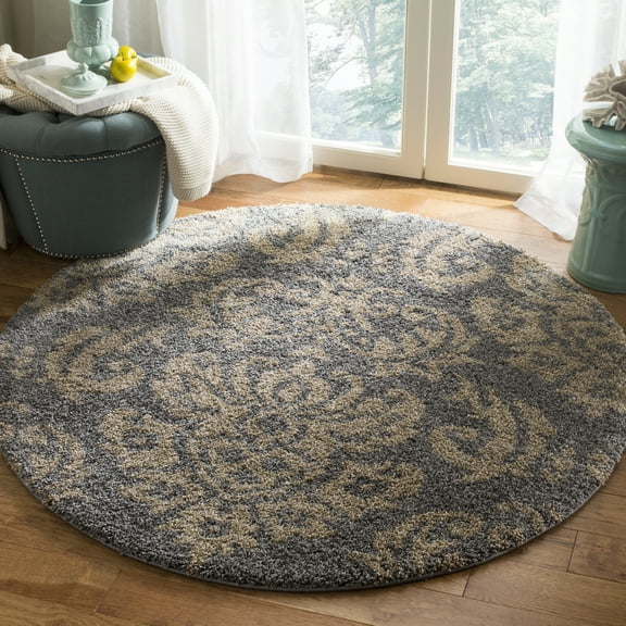 SAFAVIEH Florida Desmond Damask Plush Shag Area Rug, Grey/Beige, 4' x 4' Round