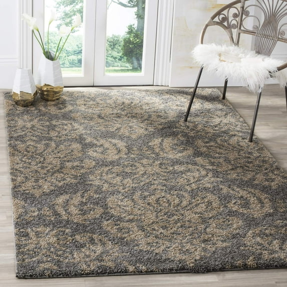 SAFAVIEH Florida Desmond Damask Plush Shag Area Rug, Grey/Beige, 8' x 10'