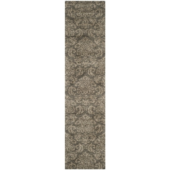 SAFAVIEH Florida Desmond Damask Plush Shag Runner Rug, Smoke/Beige, 2'3" x 9'