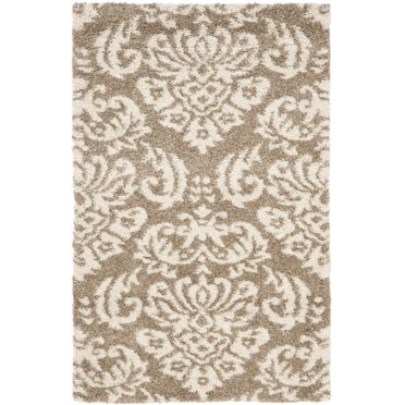 SAFAVIEH Florida Shag Area Rug - 5'3" X 7'6", Smoke & Beige Damask, Non-Shedding, 1.2" Thick Plush Pile For Living Room & Bedroom