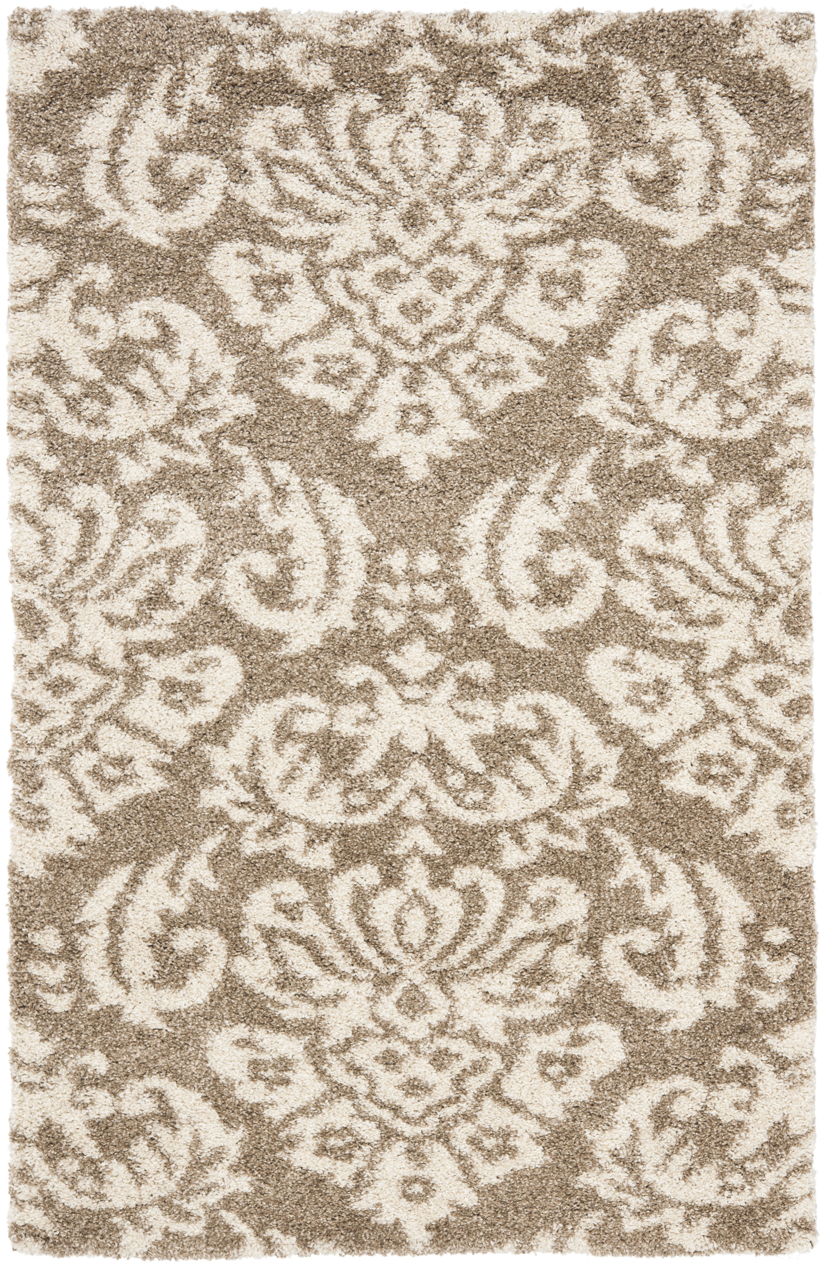 Beige and Cream Floral Shag Synthetic Area Rug