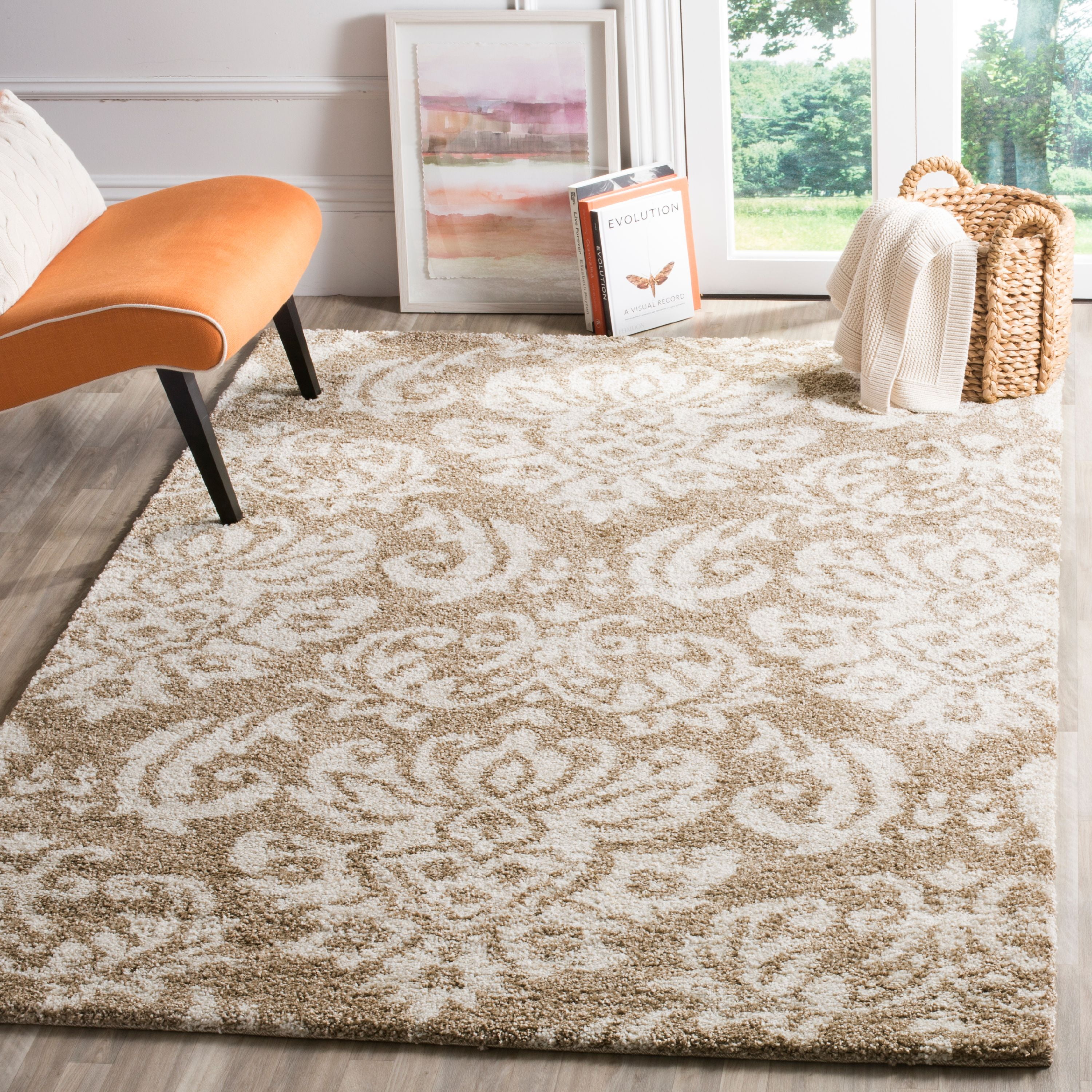 Beige and Cream Floral Shag 5' x 5' Square Rug