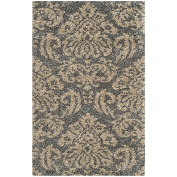 SAFAVIEH Florida Desmond Damask Shag Area Rug, Grey/Beige, 4' x 6'