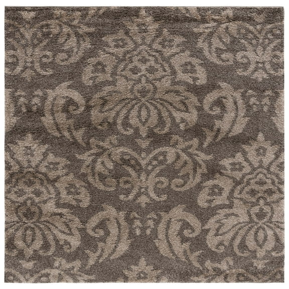 SAFAVIEH Florida Desmond Damask Shag Area Rug, Smoke/Beige, 5' x 5' Square