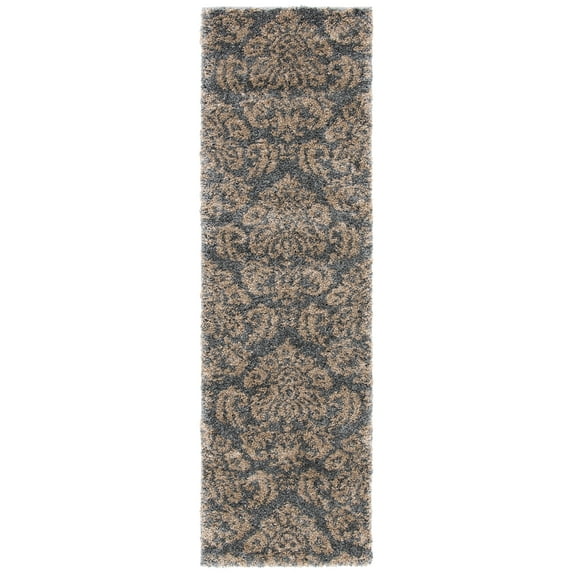 SAFAVIEH Florida Desmond Damask Shag Runner Rug, Grey/Beige, 2'3" x 9'