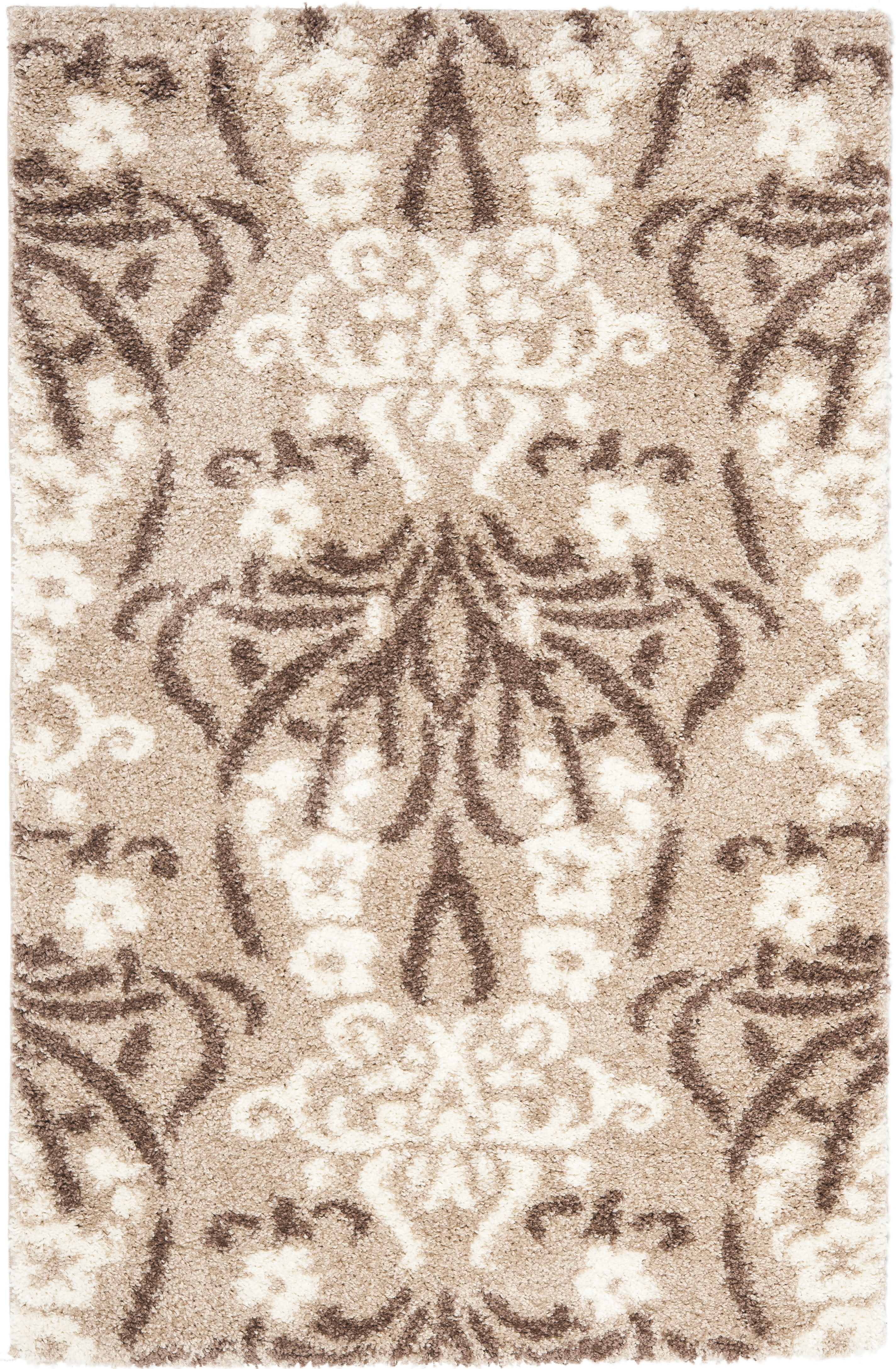 Beige and Cream Floral Shag Rug, 3'-3" x 5'-3"