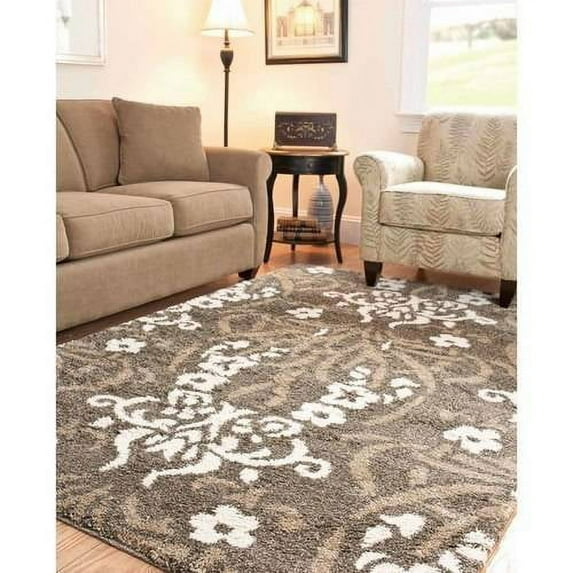 SAFAVIEH Florida Donald Floral Shag Area Rug, Smoke/Beige, 6'7" x 6'7" Square