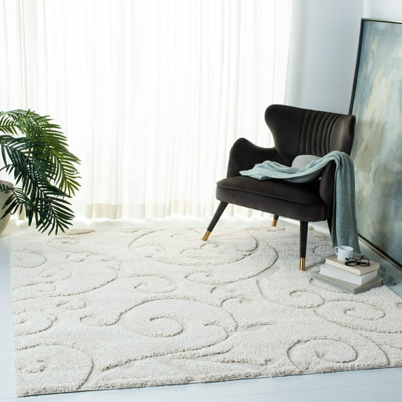 SAFAVIEH Florida Doug Floral Vines Geometric Shag Area Rug, Creme, 6'7" x 6'7" Square - Transitional Modern Design, Creme & Creme, Non-Shedding & Easy Cleaning, Ultra Plush Thick Pile, Ideal for Livi