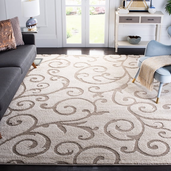 SAFAVIEH Florida Doug Floral Vines Geometric Shag Area Rug, Ivory/Beige, 12' x 12' Square - X-Large - Transitional Modern Design, Ivory & Beige, Non-Shedding & Easy Cleaning, Ultra Plush Thick Pile,